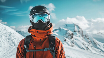 Standing at top of snowy mountain, skier in an orange jacket and helmet exudes confidence