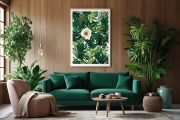Vibrant Green Floral Art Print for Bohemian Living Room Decor with Lush Nature Elements