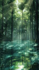 Fototapeta premium A forest with a body of water in the foreground