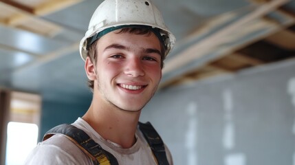 Happy Young Construction Worker Wearing a Yellow Hard Hat Smiling During Work on a Building Site