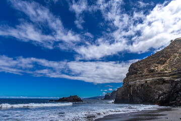 Beach with black volcanic sand, green palm trees on the slope, dangerous waves, Atlantic Ocean, Castro Beach Playa Castro Teneriffe