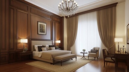 Fototapeta premium This modern bedroom showcases a brown velvet bed with a beige fabric headboard, complemented by wooden paneled walls and a stunning crystal chandelier above