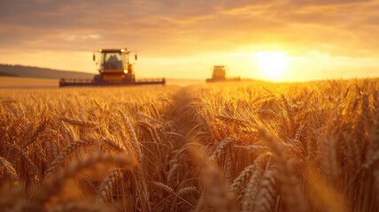 Fototapeta premium Golden wheat field at sunset with harvesters working joyfully