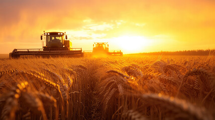 Fototapeta premium Harvesters working in golden wheat field at sunset, creating serene atmosphere