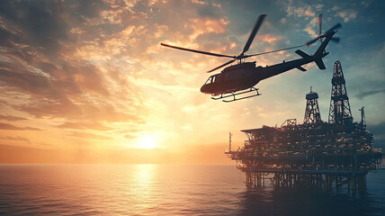 A helicopter hovering above an oil platform during sunset creates stunning scene