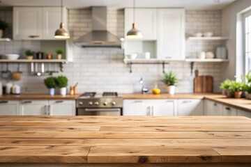 Empty tabletop over defocused kitchen with copy space symmetrical, bright, simplicity, space, shadow, background, tabletop, copy space, kitchen, room, symmetrical, contemporary, modern