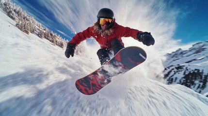 Snowboarder in red jacket riding fast on snow-covered slope creating dramatic snow spray