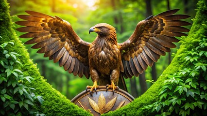 Golden eagle emblem with outstretched wings and sharp talons perched on a majestic shield, surrounded by lush greenery, symbolizing power, freedom, and national pride.