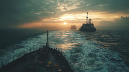 Fototapeta premium view from supply ship approaching an offshore oil platform is breathtaking