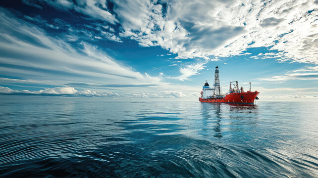 Offshore oil platform view from supply ship in calm waters
