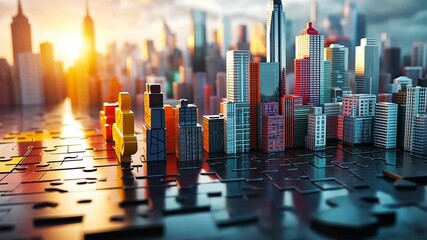 A timelapse of a city being built on top of puzzle pieces.