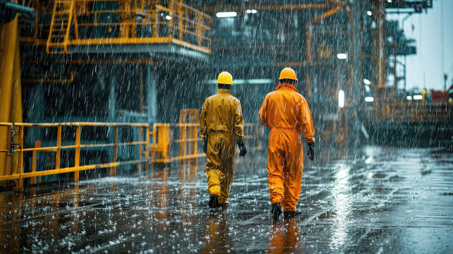 Workers in rain gear walking on an oil platform during heavy rain