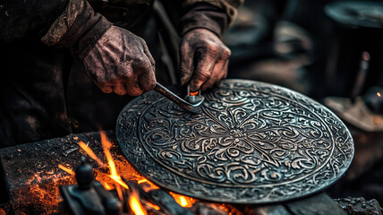 Crafting shield with ornate patterns, blacksmith showcases skill and artistry