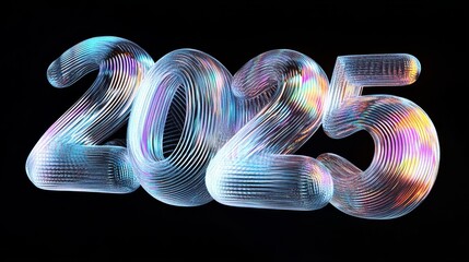 3D holographic 2025 text with bright, colorful reflections on a black background