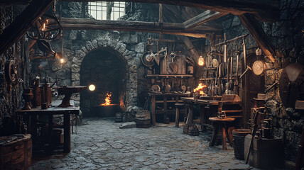 A blacksmith shop in fantasy world with enchanted tools and glowing forge