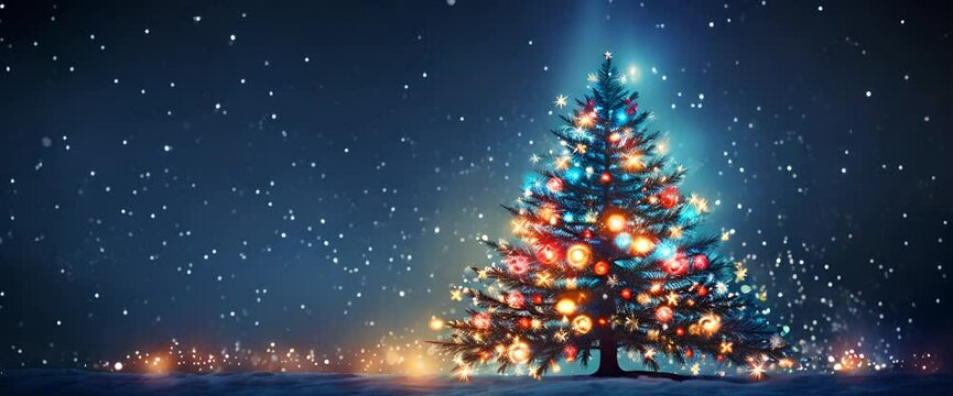 Decorated Christmas tree stands in the snow, illuminated by sparkling lights and surrounded by snowflakes on a  winter night. Christmas tree glowing in the middle of a snowy field.
