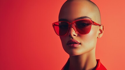 A woman with a bald head and striking red sunglasses, her expression neutral yet commanding attention.