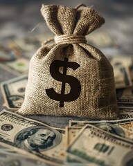 Realistic image of a burlap money bag with a dollar symbol, surrounded by a neat arrangement of...