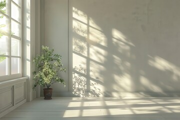 Fototapeta premium A large open living room with a white couch and a potted plant, generative ai image