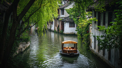 Obraz premium A boat gliding through serene canals of Zhouzhuang, surrounded by lush greenery