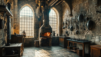 A blacksmiths forge inside castle with medieval armor and tools