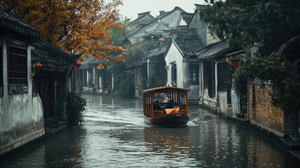 Obraz premium A boat gliding through canals of Zhouzhuang, surrounded by autumn colors