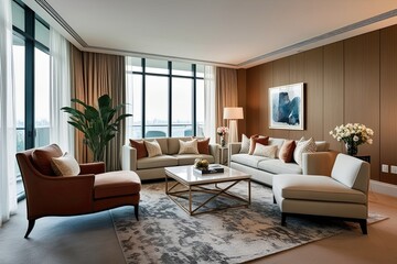 Fototapeta premium Stylish Contemporary Living Room Design with Chaise Lounge and Luxury Furniture in Upscale Apartment