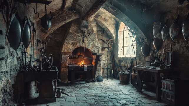 A blacksmiths forge inside castle with medieval armor and tools
