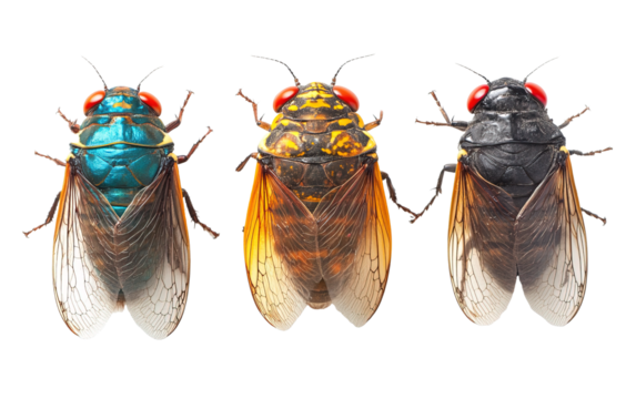 Three Cicadas in a Row on white background,png