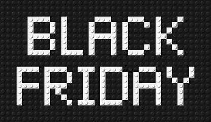 Black Friday sign made of white plastic brick toy blocks on black construction plate background. Building bricks font. Vector illustration. Friday with a big sale
