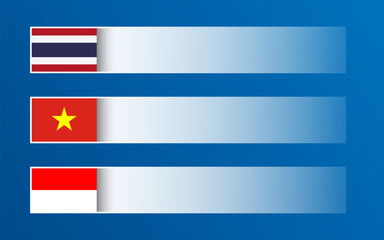Fototapeta premium Simple vector banner with Thai, Vietnamese and Indonesian flags and blank space for your text and design. Made in Thailand, Made in Vietnam, Made in Indonesia. Modern illustrations