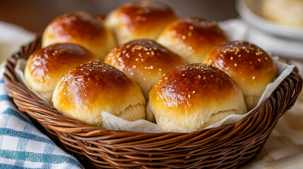 Freshly baked golden dinner rolls served in a woven basket with sesame seeds on top