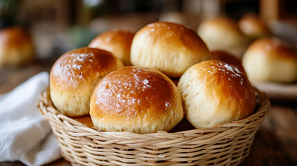 Freshly baked dinner rolls in a woven basket on a rustic wooden table