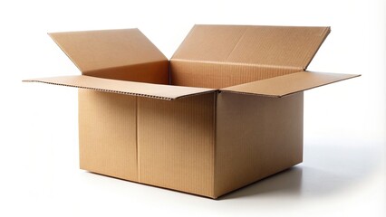 Open cardboard box with flaps folded back placed on a white background at a low angle, low angle,cardboard box, cardboard, packaging material, delivery, object, open box, relocation, brown