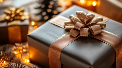 Gift box with golden bow ribbon under a festive christmas light background symbolizing celebration, holidays, and gift exchange