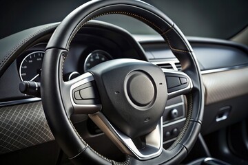 macro, automotive, design, leather, steering wheel, driving,car, interior, closeup, luxury, Closeup of a sleek black leather steering wheel with intricate stitching and silver accents