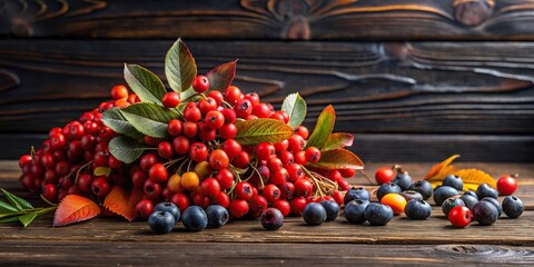 rustic, autumn, bounty, autumnal, organic, juicy, Saskatoon, fruit,wild berries, first harvest, Bunch of first wild autumn berry Saskatoon in front of dark wooden background Panoramic