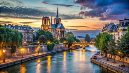 Obraz premium Historic Seine River scene featuring majestic Gothic cathedral with soaring towers, vibrant street lamps, and lush greenery on a picturesque summer evening in Paris.