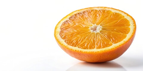 Fototapeta premium Half of an orange isolated on a white background is shown from a worm s eye view, summer, cut, fresh, isolated, food, slice, fruit, organic, half, refreshing, vibrant orange color