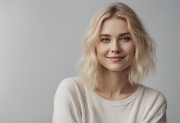 Fototapeta premium Joyfully female with blonde fair hair dressed casually looking isolated on white background