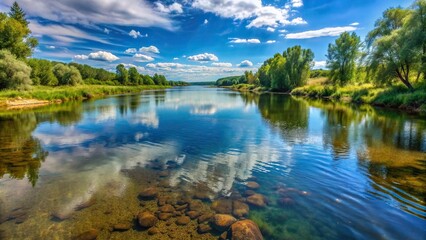 Obraz premium Mologa River, idyllic, A breathtaking long shot of the serene Mologa River near the settlement of Maksatikha showcasing its crystal clear waters and beautiful surrounding landscapes