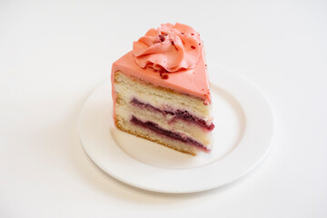 close-up of a piece of delicious layer cake on a white plate.