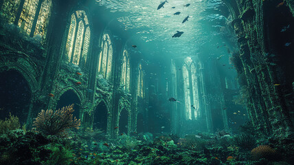 A grand underwater cathedral overgrown with coral and vibrant marine life