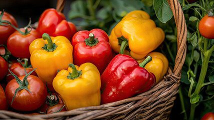 Freshly picked peppers and tomatoes in rustic basket evoke vibrant harvest