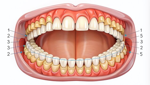Illustrated diagram showing the permanent teeth in the human mouth, numbered and labeled, with corresponding age ranges for eruption and completion.