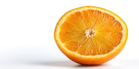 Fototapeta premium summer, orange, round, citrus, tropical, worm's eye view, healthy, refreshing, half, vibrant, isolated, Half of an orange isolated on a white background is shown from a worm s eye view