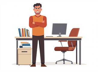 Frustrated businessman in chaotic office environment showing stress and anger, clenched fists, scattered papers, workplace frustration, emotional reaction, business stress and tension, angry office wo