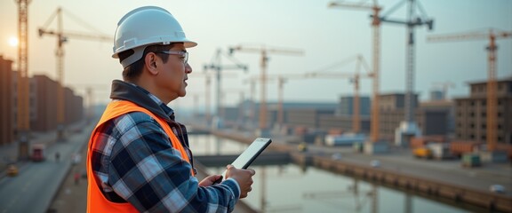 A construction manager examines plans on a tablet, overseeing a building site with cranes in the background, symbolizing modern project management and construction technology.