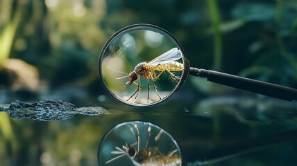 Mosquito under a magnifying glass, flying outdoors in a park or near a pond or lake. Concept of pest control, insect infestations, and the need for mosquito prevention in outdoor areas.