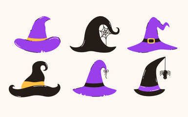 Set of Halloween witch hats. Flat vector illustration.
